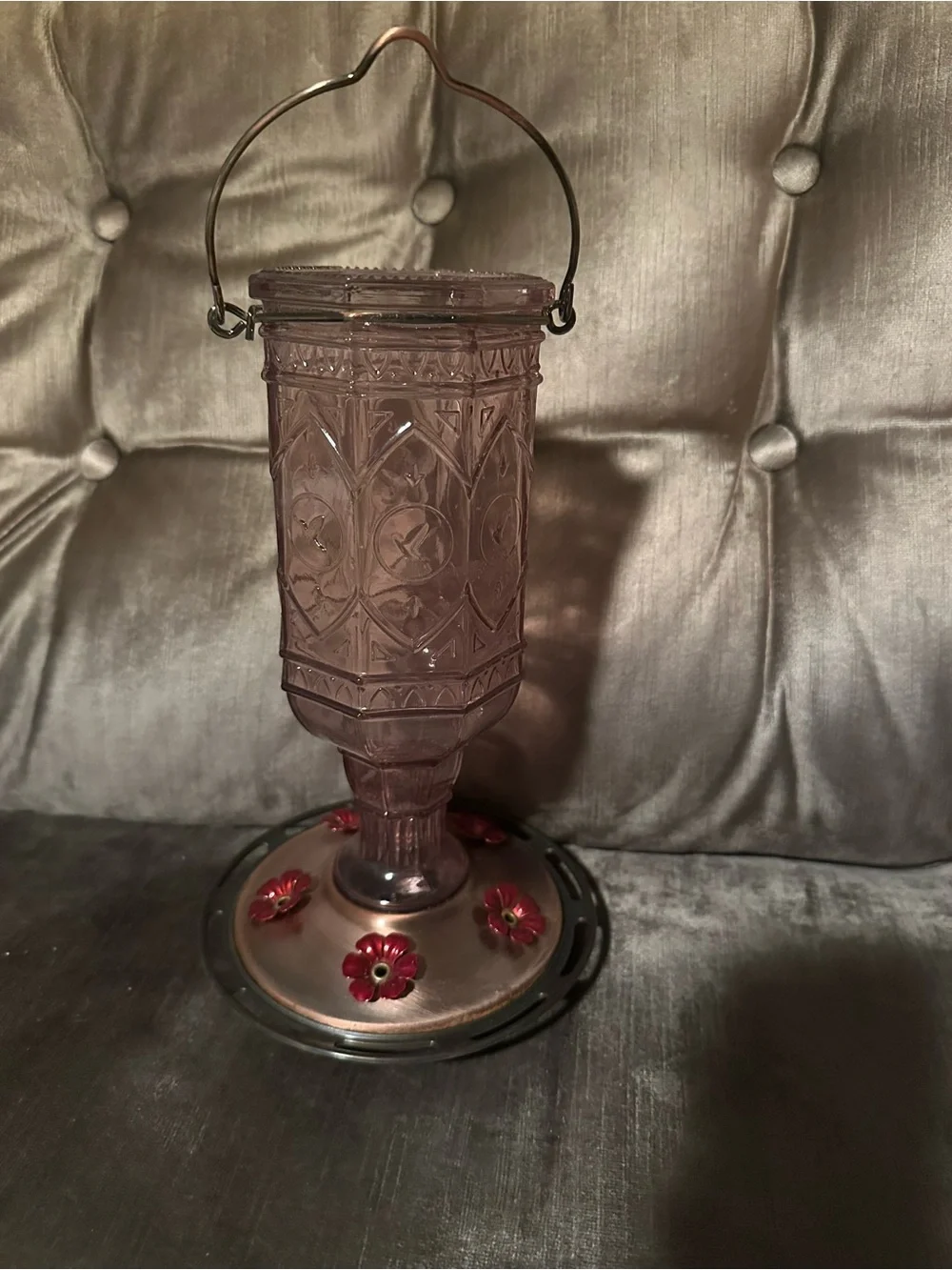 Vintage-Style Purple Glass Hummingbird Feeder with Decorative Base